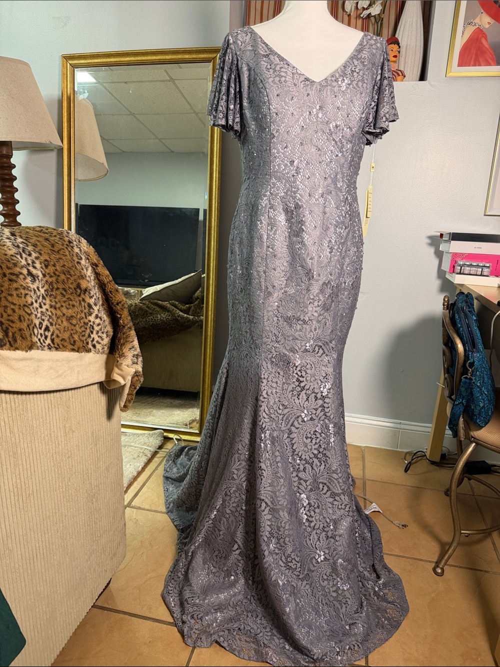 JS Collections Silver Lace Sequin Maxi Gown